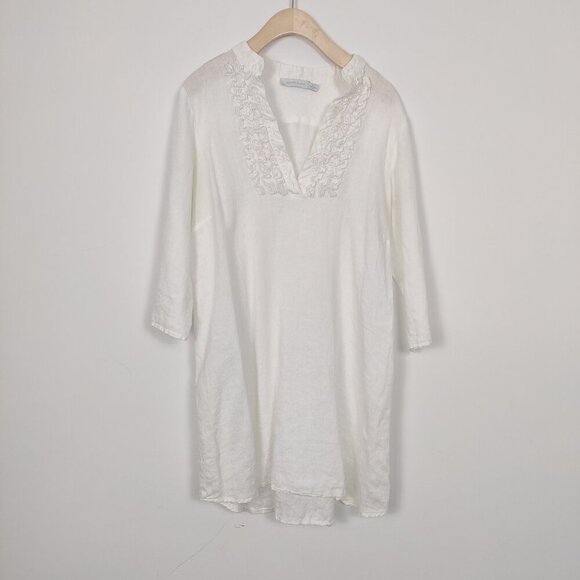 Jules & Jim Women's 100% Linen Ruffled Shirt Tunic Top Size Small Oversized Boho - Picture 1 of 12